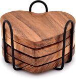 Samhita Acacia Wood Heart Shape Coaster Set of 4 With Iron Holder for Coffee Table Décor Housewarming Gift New Home Kitchen Décor (10.16cm x 10.16cm x 1.27cm)