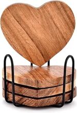Samhita Acacia Wood Heart Shape Coaster Set of 4 With Iron Holder for Coffee Table Décor Housewarming Gift New Home Kitchen Décor (10.16cm x 10.16cm x 1.27cm)