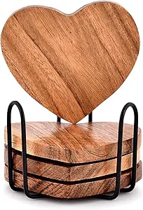 Samhita Acacia Wood Heart Shape Coaster Set of 4 With Iron Holder for Coffee Table Décor Housewarming Gift New Home Kitchen Décor (10.16cm x 10.16cm x 1.27cm)