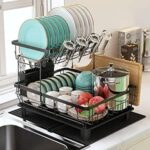MAJALiS Dish Drainer Rack, 2 Tier Dish Drainer with Drip Tray and Drainer Mat, Stainless Steel Dish Rack with Utensil Holder, Swivel Spout, Draining Board.