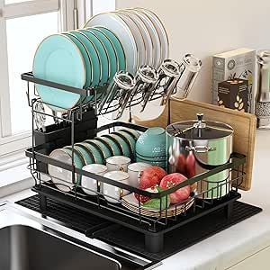 MAJALiS Dish Drainer Rack, 2 Tier Dish Drainer with Drip Tray and Drainer Mat, Stainless Steel Dish Rack with Utensil Holder, Swivel Spout, Draining Board.